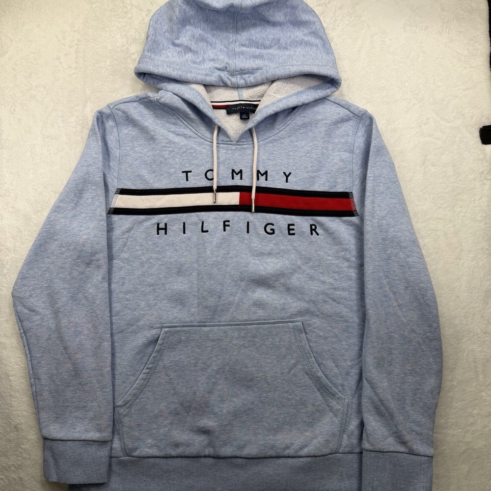 Tommy Hilfiger Womens Light Blue Heather Logo Fleece Pullover Hoodie Large